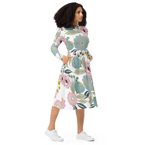 Floral Midi Dress Long Sleeve Spring Flowers Style - Dipaliz - Dresses