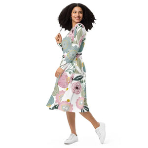 Floral Midi Dress Long Sleeve Spring Flowers Style - Dipaliz - Dresses