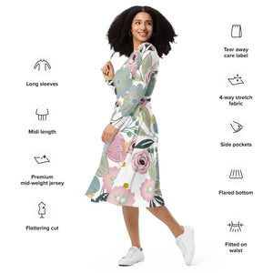 Floral Midi Dress Long Sleeve Spring Flowers Style - Dipaliz - Dresses