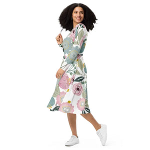 Floral Midi Dress Long Sleeve Spring Flowers Style - Dipaliz - Dresses