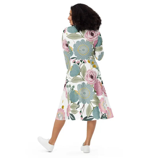 Blossom in Style: Long Sleeve Floral Midi Dress for Spring! - Dresses