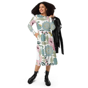 Floral Midi Dress Long Sleeve Spring Flowers Style - Dipaliz - Dresses