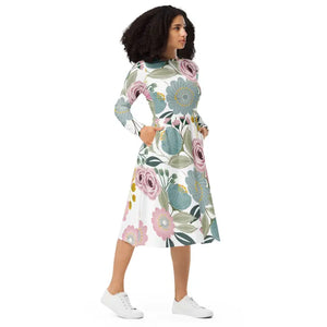 Floral Midi Dress Long Sleeve Spring Flowers Style - Dipaliz - Dresses