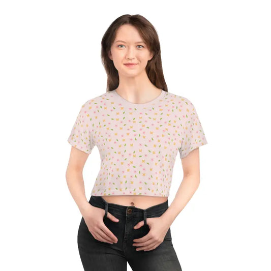 Blossom in Style with the Chic Floral Crop Tee - White Stitching / l All Over Prints