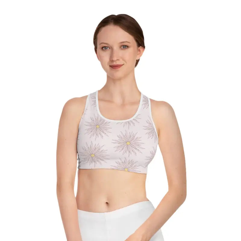 Blossom with Dipaliz Soft Pink Sports Bra for Ultimate Style & Comfort - s / White Stitching All Over Prints