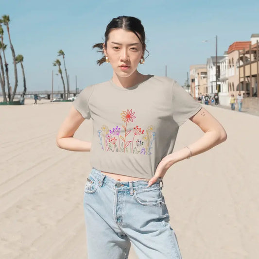 Blossom Boldly in our Wild Flowers Flowy Cropped Tee - Heather Dust / s T-shirt