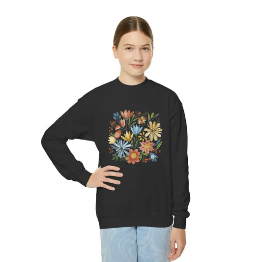 Blossom in Style: Youth Crewneck Sweatshirt with Pastel Flowers - Black / Xs Kids Clothes