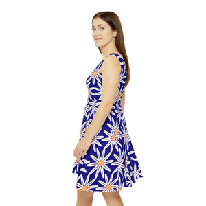 Skater Dress White Flower Pattern Blue Vibrant Style - Dipaliz - Dresses