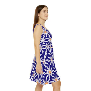 Skater Dress White Flower Pattern Blue Vibrant Style - Dipaliz - Dresses