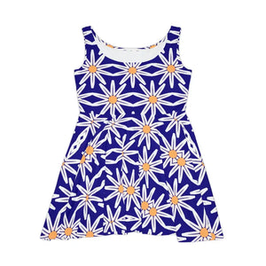 Skater Dress White Flower Pattern Blue Vibrant Style - Dipaliz - Dresses