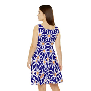 Skater Dress White Flower Pattern Blue Vibrant Style - Dipaliz - Dresses
