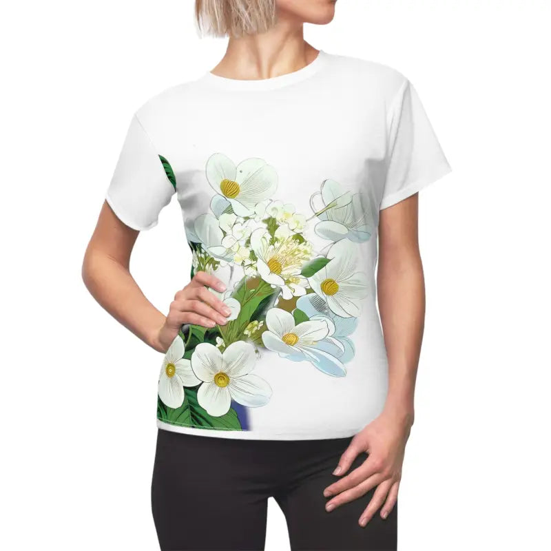 Blossom in Style: White Flowers Aop Sew Tee Magic - Xs / Stitching / 4 Oz. Shirts