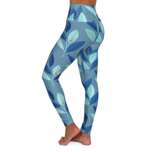 Blue Botanical High-waist Yoga Leggings, Floral Leaf All-over Print - All Over Prints