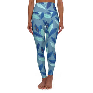 Blue Botanical High-waist Yoga Leggings, Floral Leaf All-over Print - All Over Prints