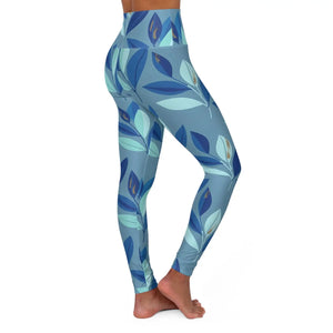 Blue Botanical High-waist Yoga Leggings, Floral Leaf All-over Print - All Over Prints