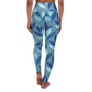 Blue Botanical High-waist Yoga Leggings, Floral Leaf All-over Print - All Over Prints