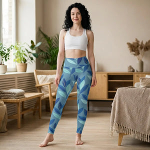Blue Botanical High-waist Yoga Leggings, Floral Leaf All-over Print - Xs - All Over Prints