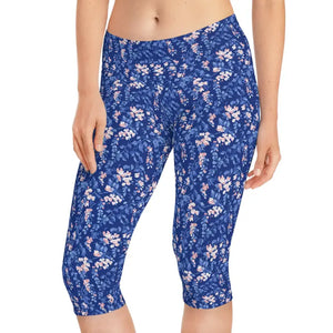 Leggings - Blue Floral Capri - Spring Garden Print - Dipaliz Xs / Seam Thread Color Automatically Matched to Design