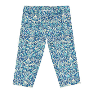 Blue Floral Damask Capri Leggings - Vintage Coastal - Dipaliz