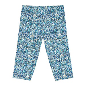 Blue Floral Damask Capri Leggings - Vintage Coastal - Dipaliz