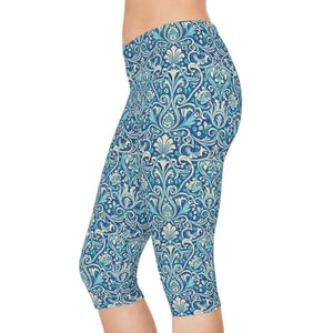Leggings - Blue Floral Damask Capri - Artful Vintage Print - Dipaliz
