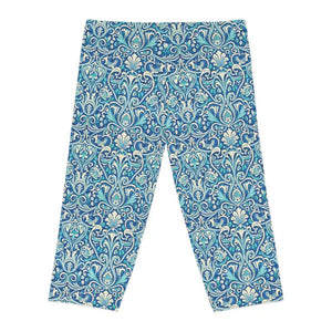 Leggings - Blue Floral Damask Capri - Artful Vintage Print - Dipaliz