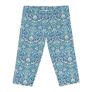 Leggings - Blue Floral Damask Capri - Artful Vintage Print - Dipaliz
