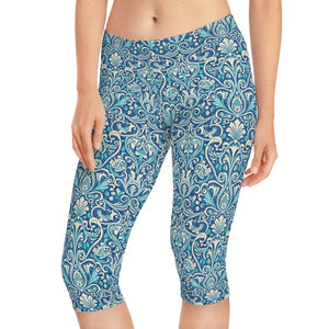 Leggings - Blue Floral Damask Capri - Artful Vintage Print - Dipaliz Xs / Seam Thread Color Automatically Matched