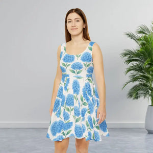 Women’s Skater Dress - Blue Floral Hydrangea Print - Dipaliz - Xs - Dresses