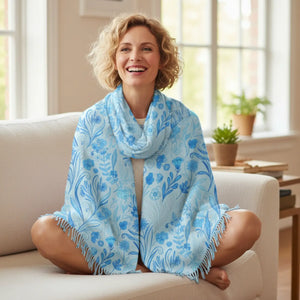 Blue Floral Lightweight Scarf, Soft Spring Print Accessory - Scarves & Shawls
