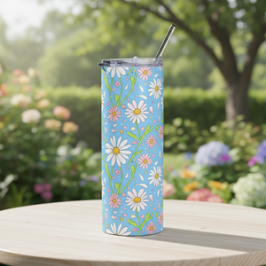 Blue floral tumbler at a café