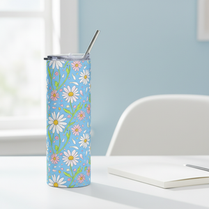 Blue floral tumbler on a desk