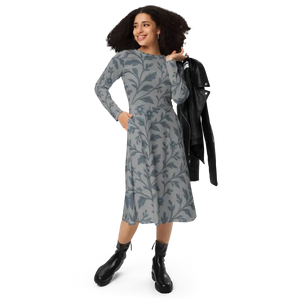 Blue Floral Vines Long Sleeve Midi Dress - Dipaliz - Dresses