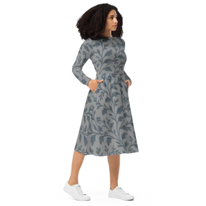 Blue Floral Vines Long Sleeve Midi Dress - Dipaliz - Dresses