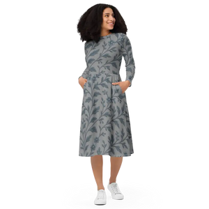 Blue Floral Vines Long Sleeve Midi Dress - Dipaliz - 2xs - Dresses
