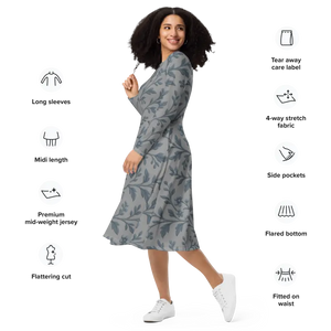 Blue Floral Vines Long Sleeve Midi Dress - Dipaliz - Dresses