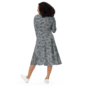 Blue Floral Vines Long Sleeve Midi Dress - Dipaliz - Dresses - Xs
