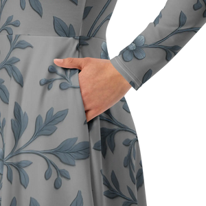 Blue Floral Vines Long Sleeve Midi Dress - Dipaliz - Dresses - Xs