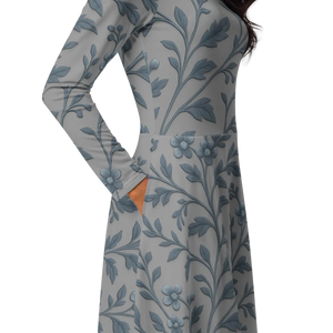 Blue Floral Vines Long Sleeve Midi Dress - Dipaliz - Dresses - Xs