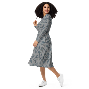 Blue Floral Vines Long Sleeve Midi Dress - Dipaliz - Dresses - Xs