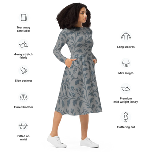 Blue Floral Vines Long Sleeve Midi Dress - Dipaliz - Dresses - Xs
