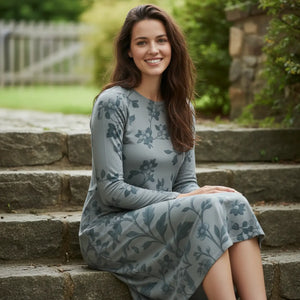 Blue Floral Vines Long Sleeve Midi Dress - Dipaliz - Dresses - Xs