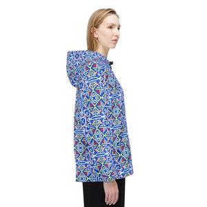 Outerwear - Blue Geometric Print Windbreaker Jacket Nautical Tile Pattern Dipaliz