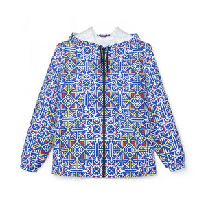 Outerwear - Blue Geometric Print Windbreaker Jacket Nautical Tile Pattern Dipaliz