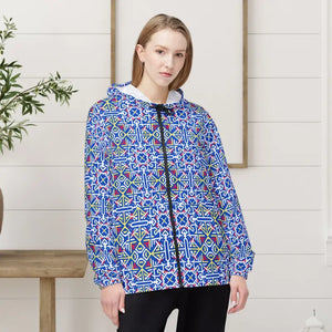Outerwear - Blue Geometric Print Windbreaker Jacket Nautical Tile Pattern Dipaliz Xs