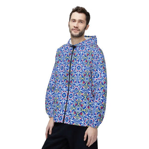 Outerwear - Blue Geometric Print Windbreaker Jacket Nautical Tile Pattern Dipaliz
