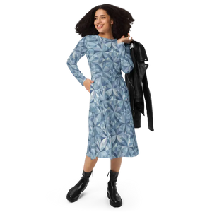 Blue Geometric Pattern Print Long Sleeve Midi Dress - Dipaliz - 2xs - Dresses