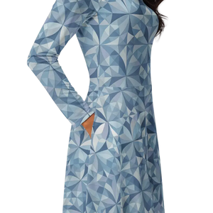 Blue Geometric Pattern Print Long Sleeve Midi Dress - Dipaliz - Dresses