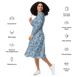 Blue Geometric Pattern Print Long Sleeve Midi Dress - Dipaliz - Dresses