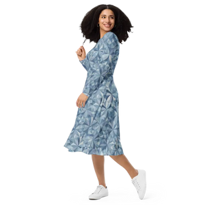Blue Geometric Pattern Print Long Sleeve Midi Dress - Dipaliz - Dresses